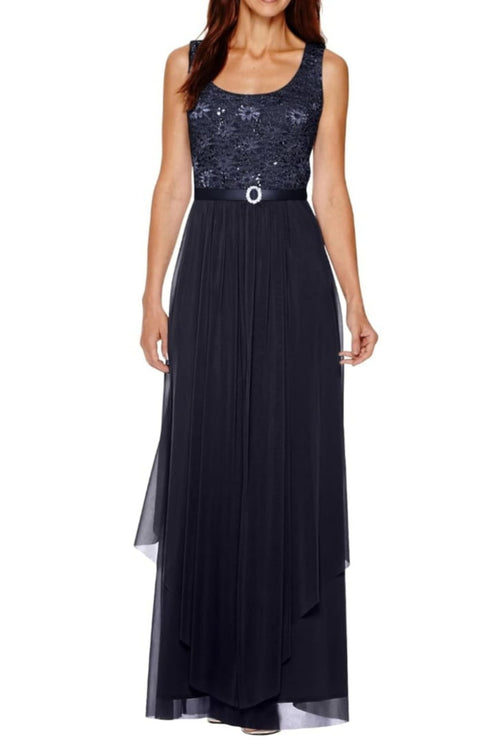 Mother of the Bride Long Formal Dress with 3/4 Sleeve, Jacket Dress, and Lace Detail by R&M Richards 7300