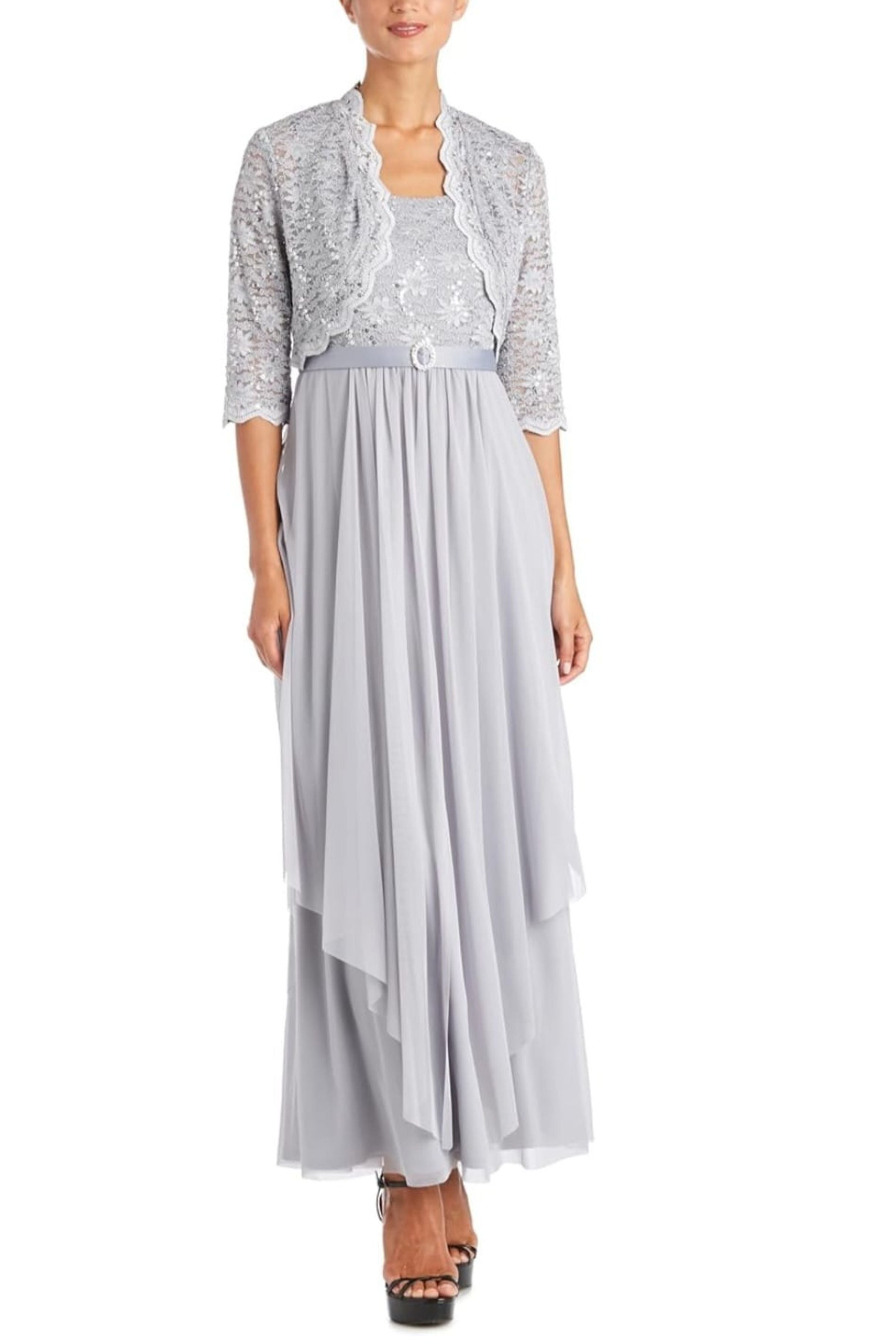 Mother of the Bride Long Formal Dress with 3/4 Sleeve, Jacket Dress, and Lace Detail by R&M Richards 7300