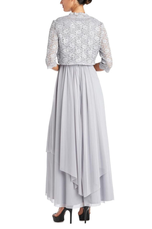 Mother of the Bride Long Formal Dress with 3/4 Sleeve, Jacket Dress, and Lace Detail by R&M Richards 7300