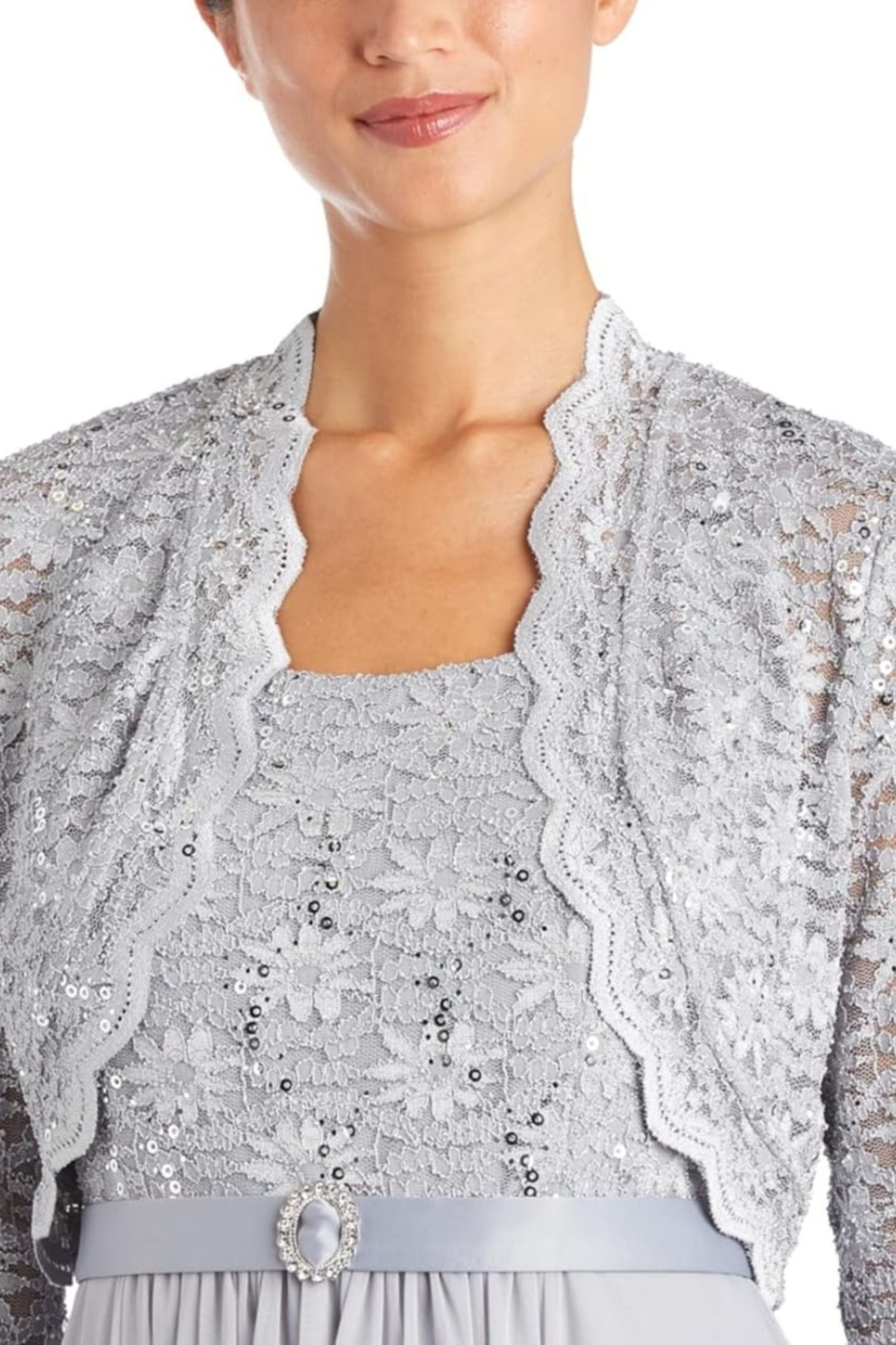 Mother of the Bride Long Formal Dress with 3/4 Sleeve, Jacket Dress, and Lace Detail by R&M Richards 7300