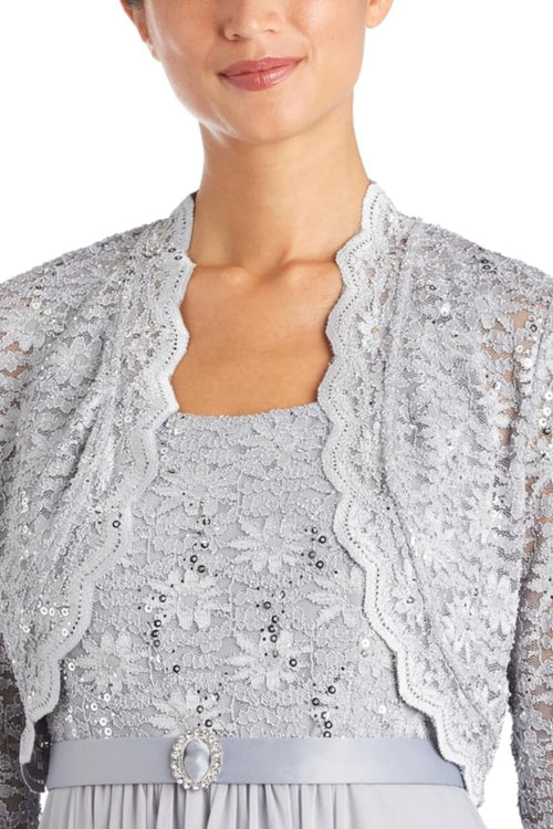 Mother of the Bride Long Formal Dress with 3/4 Sleeve, Jacket Dress, and Lace Detail by R&M Richards 7300