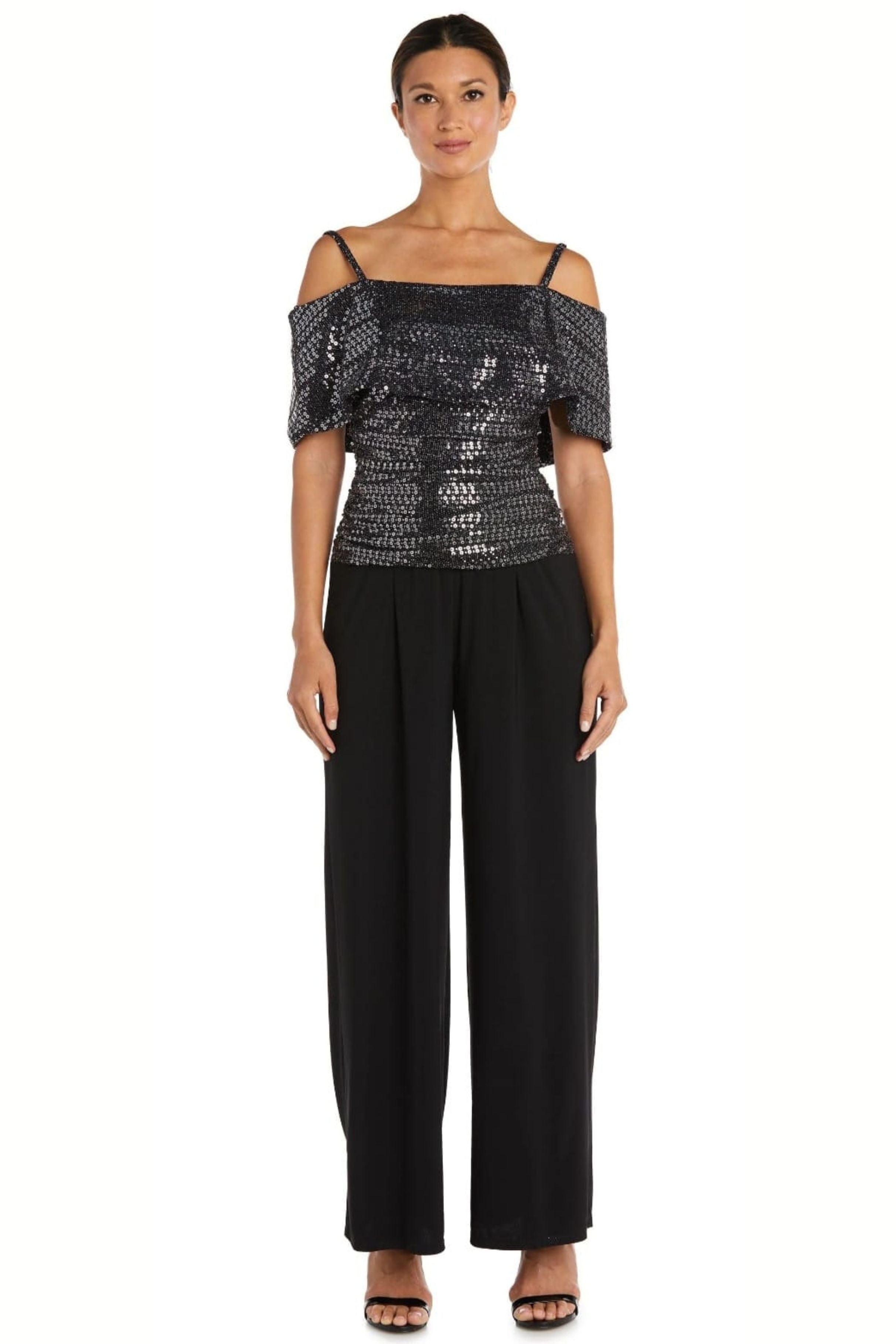 Silver Black Sequin Off the Shoulder Jumpsuit with Cold Shoulder by R&M Richards 9132