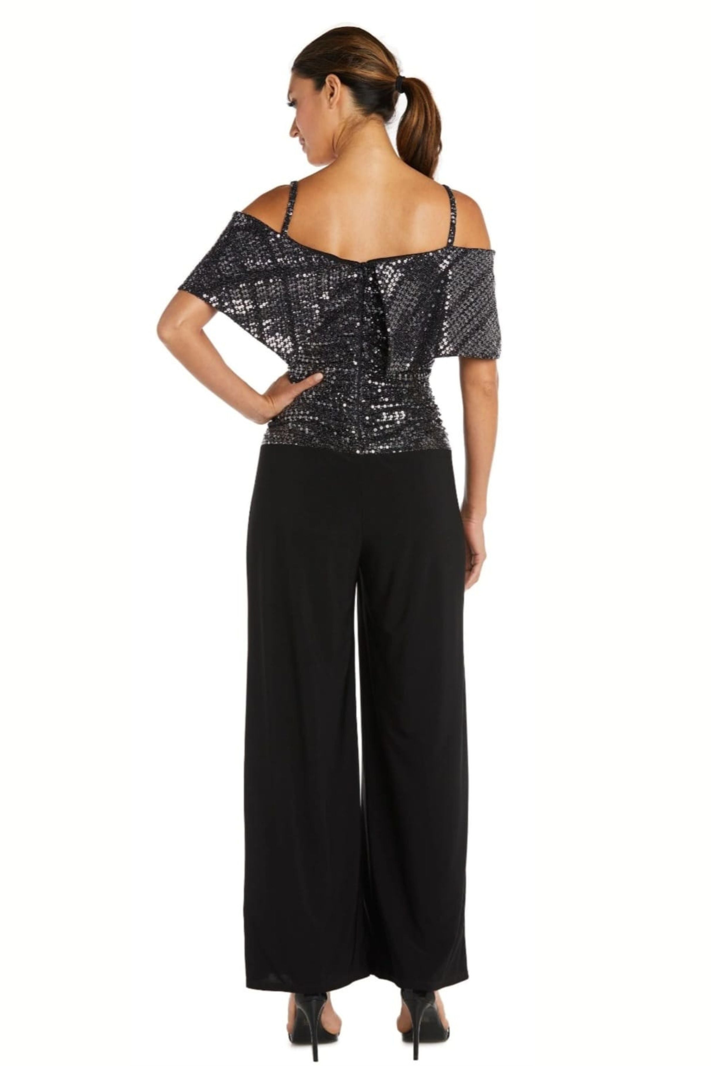 Silver Black Sequin Off the Shoulder Jumpsuit with Cold Shoulder by R&M Richards 9132