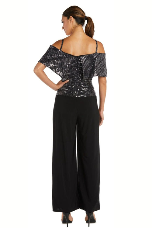 Silver Black Sequin Off the Shoulder Jumpsuit with Cold Shoulder by R&M Richards 9132