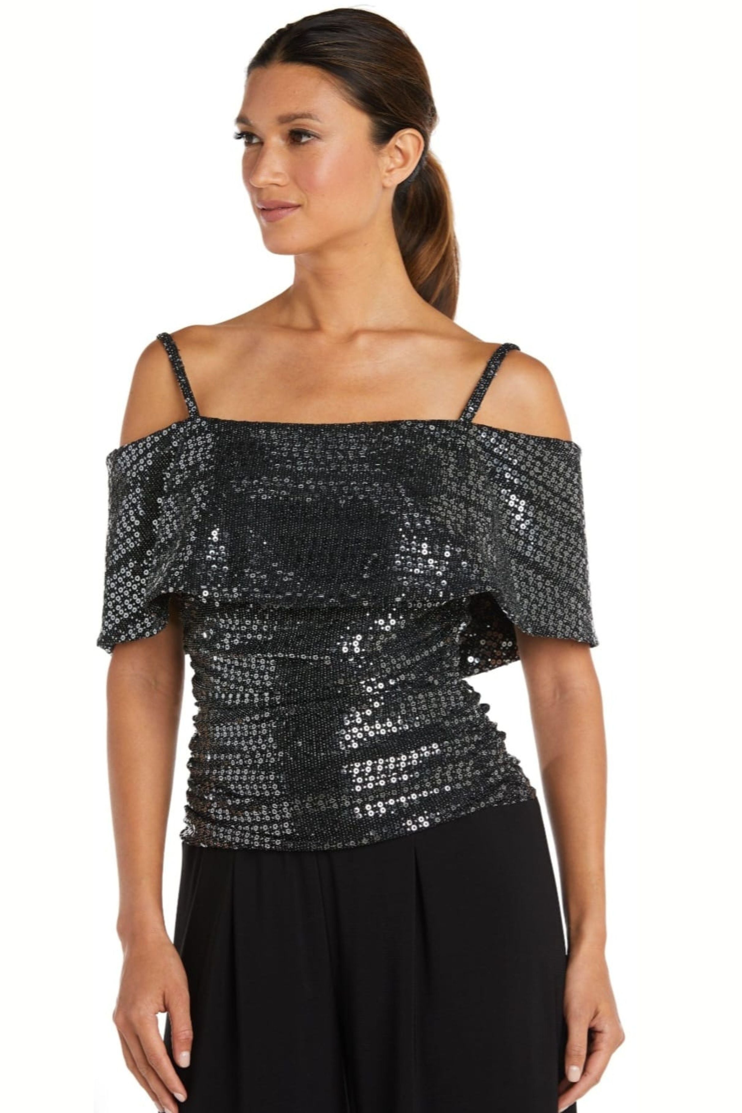 Silver Black Sequin Off the Shoulder Jumpsuit with Cold Shoulder by R&M Richards 9132