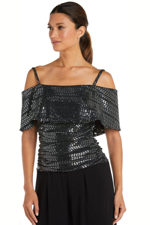 Silver Black Sequin Off the Shoulder Jumpsuit with Cold Shoulder by R&M Richards 9132