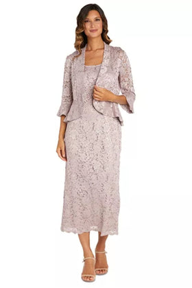 Blush Sequin Lace Two-Piece Jacket Dress with 3/4 Sleeve and Coordinating Jacket by R&M Richards 9896