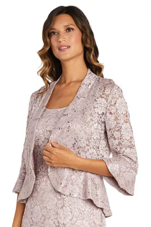 Blush Sequin Lace Two-Piece Jacket Dress with 3/4 Sleeve and Coordinating Jacket by R&M Richards 9896