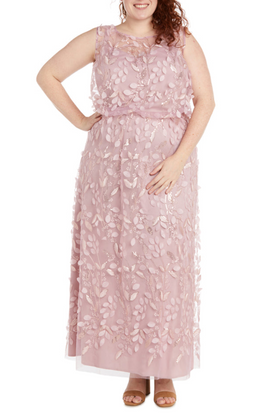 Rose Floral Applique Sequin Dress Plus Size with Sleeveless and Embroidered Detail by R&M Richards 1113W