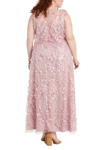 Rose Floral Applique Sequin Dress Plus Size with Sleeveless and Embroidered Detail by R&M Richards 1113W