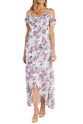 Ivory Lilac Floral Cold Shoulder Special Occasion Dress with Chiffon by R&M Richards 1240
