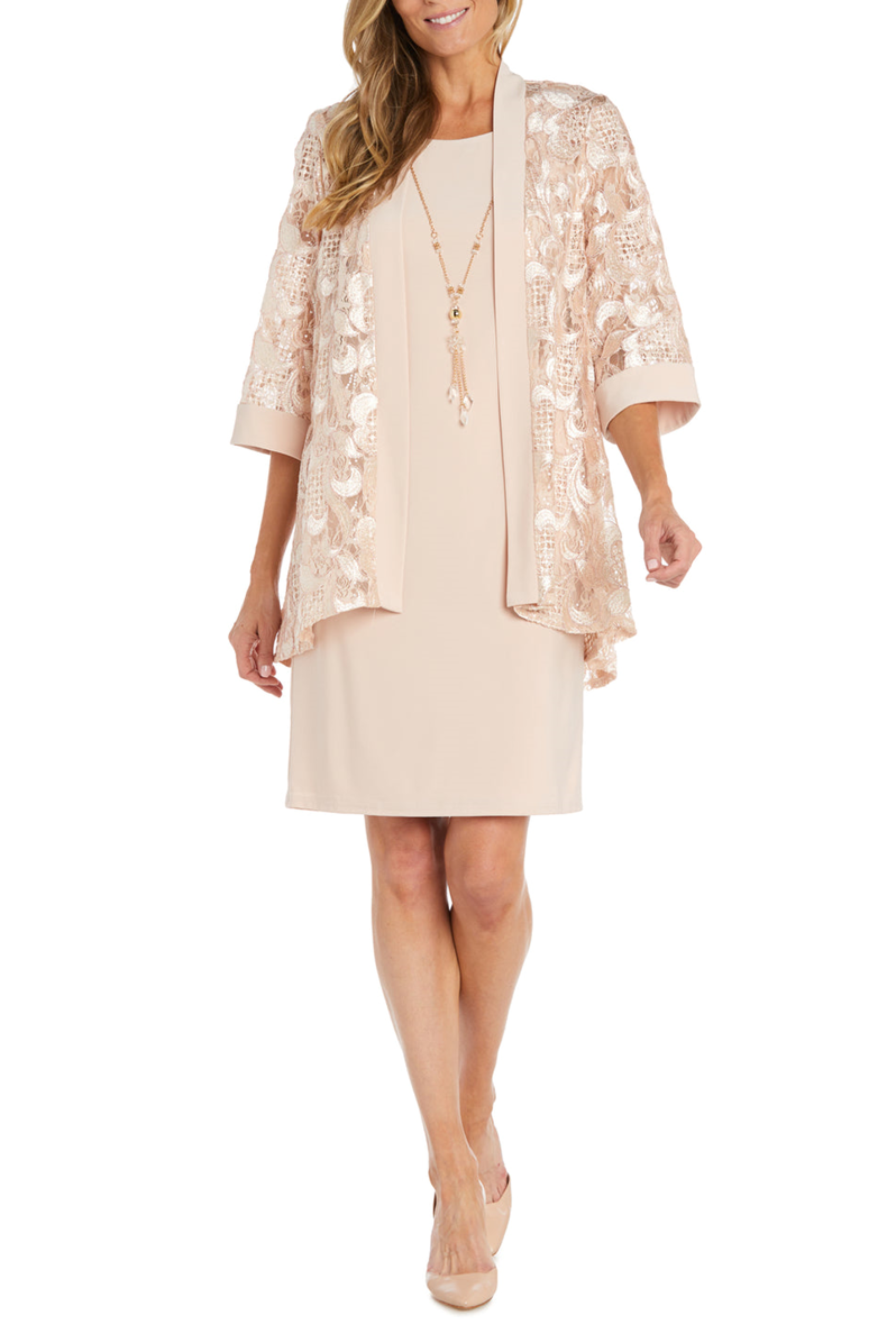 Petal Pink Floral Embroidered Sequin Jacket Dress with 3/4 Sleeve, Round Neck, and Beaded Detail by R&M Richards 1827