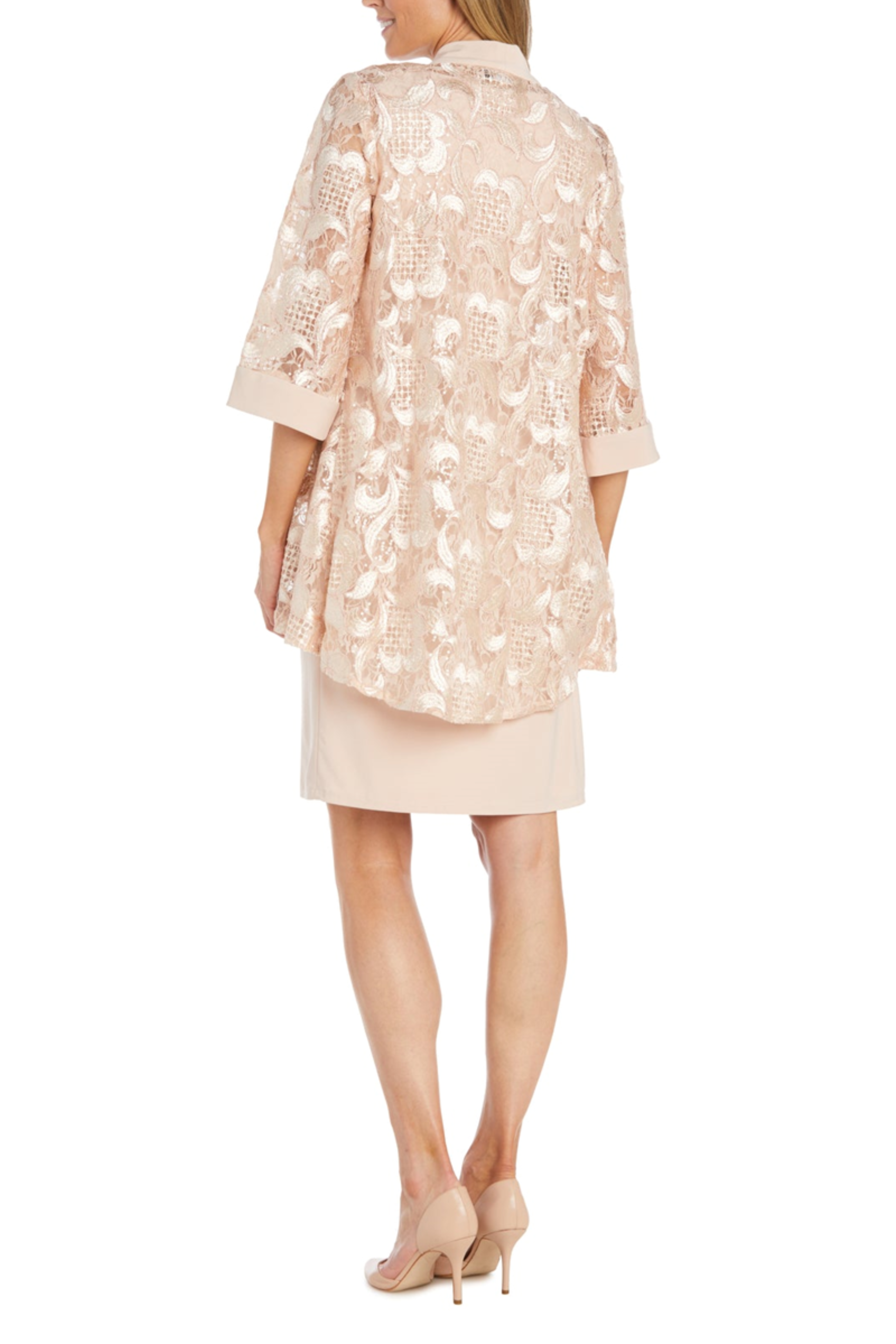 Petal Pink Floral Embroidered Sequin Jacket Dress with 3/4 Sleeve, Round Neck, and Beaded Detail by R&M Richards 1827