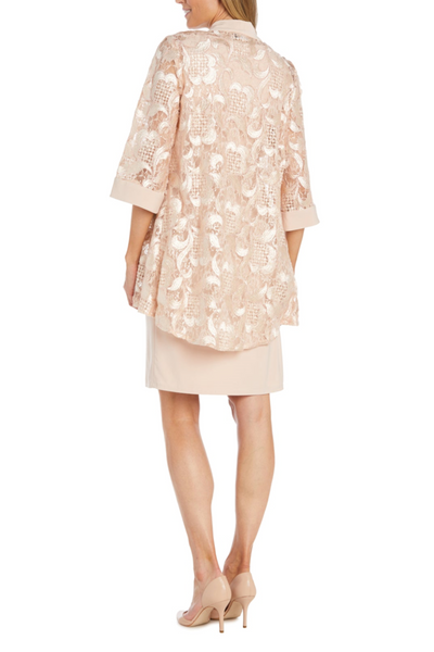 Petal Pink Floral Embroidered Sequin Jacket Dress with 3/4 Sleeve, Round Neck, and Beaded Detail by R&M Richards 1827