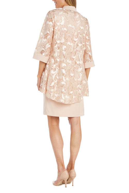 Petal Pink Floral Embroidered Sequin Jacket Dress with 3/4 Sleeve, Round Neck, and Beaded Detail by R&M Richards 1827