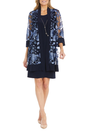 Navy Periwinkle 2-Pc Floral Embroidered Jacket Dress with Sleeveless, Round Neck, and Lace Detail by R&M Richards 1852