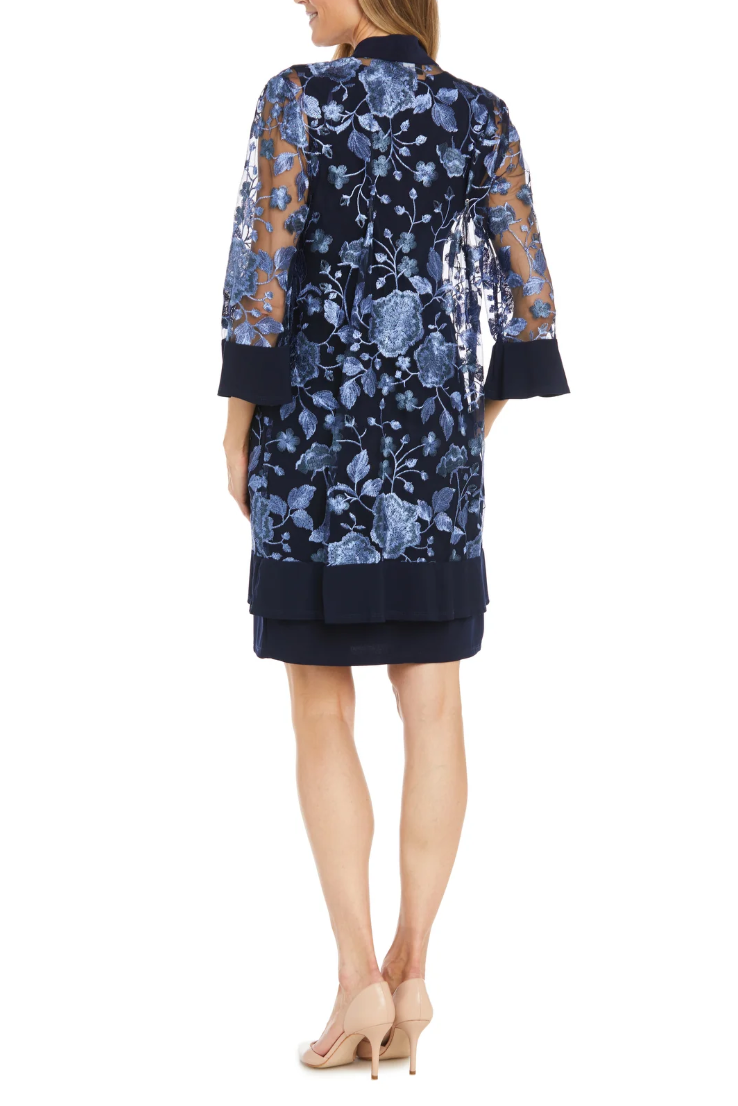 Navy Periwinkle 2-Pc Floral Embroidered Jacket Dress with Sleeveless, Round Neck, and Lace Detail by R&M Richards 1852