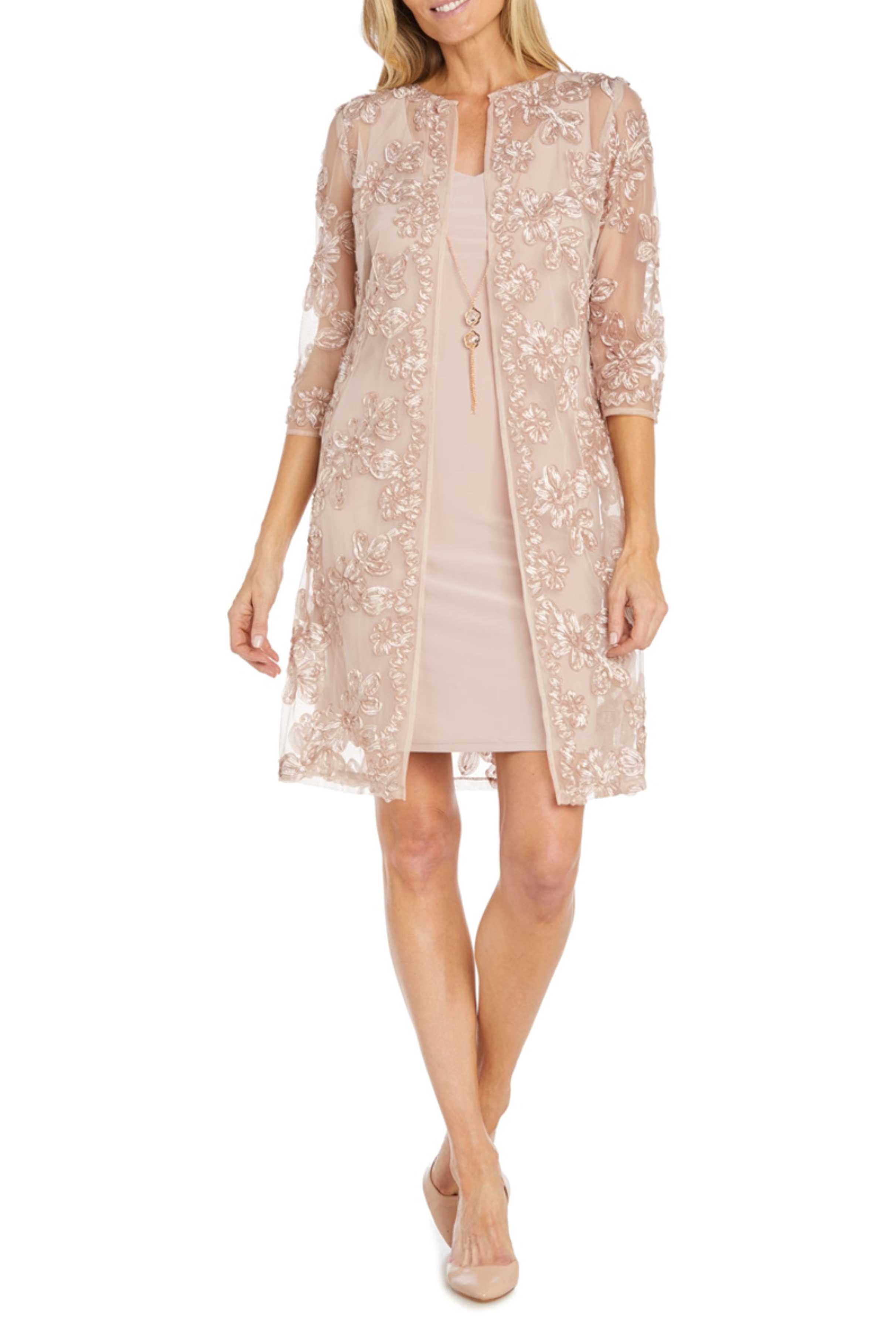 Blush 2-Pc Soutache Embroidered Jacket Dress with 3/4 Sleeve, V-Neck, and Floral Detail by R&M Richards 1876