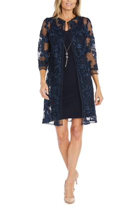 Navy 2-Pc Soutache Embroidered Jacket Dress with 3/4 Sleeve, V-Neck, and Floral Detail by R&M Richards 1876