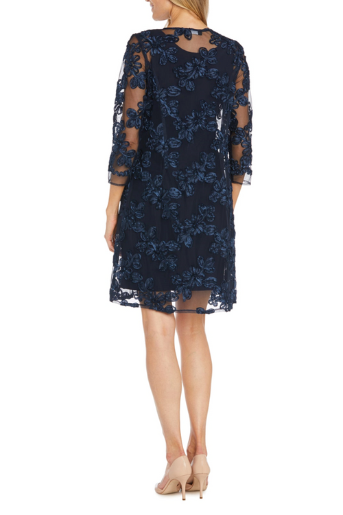 Navy 2-Pc Soutache Embroidered Jacket Dress with 3/4 Sleeve, V-Neck, and Floral Detail by R&M Richards 1876