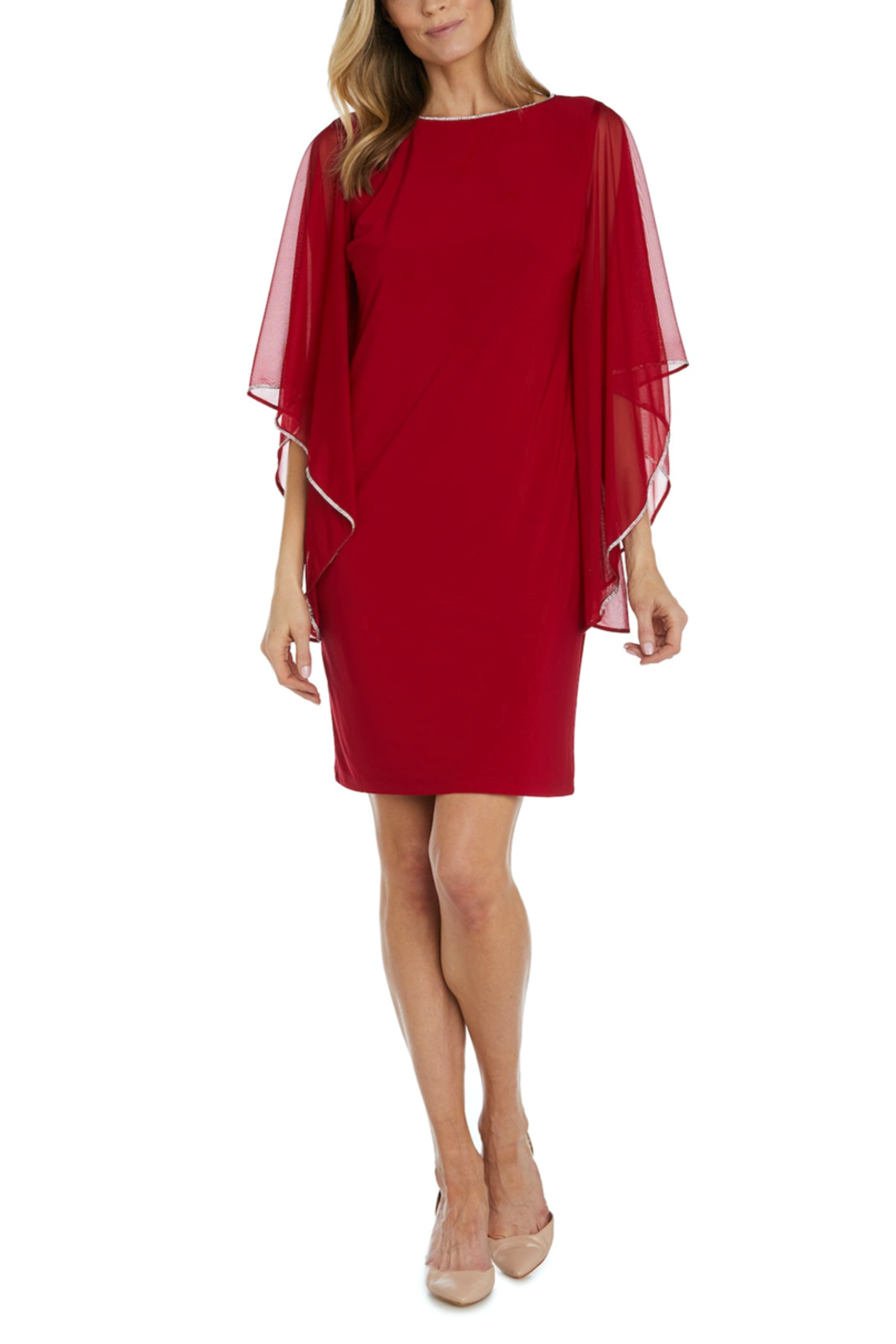Red Embellished Bat Wing Cocktail Dress with Round Neck, Beaded Detail, and Rhinestone Detail by R&M Richards 2678