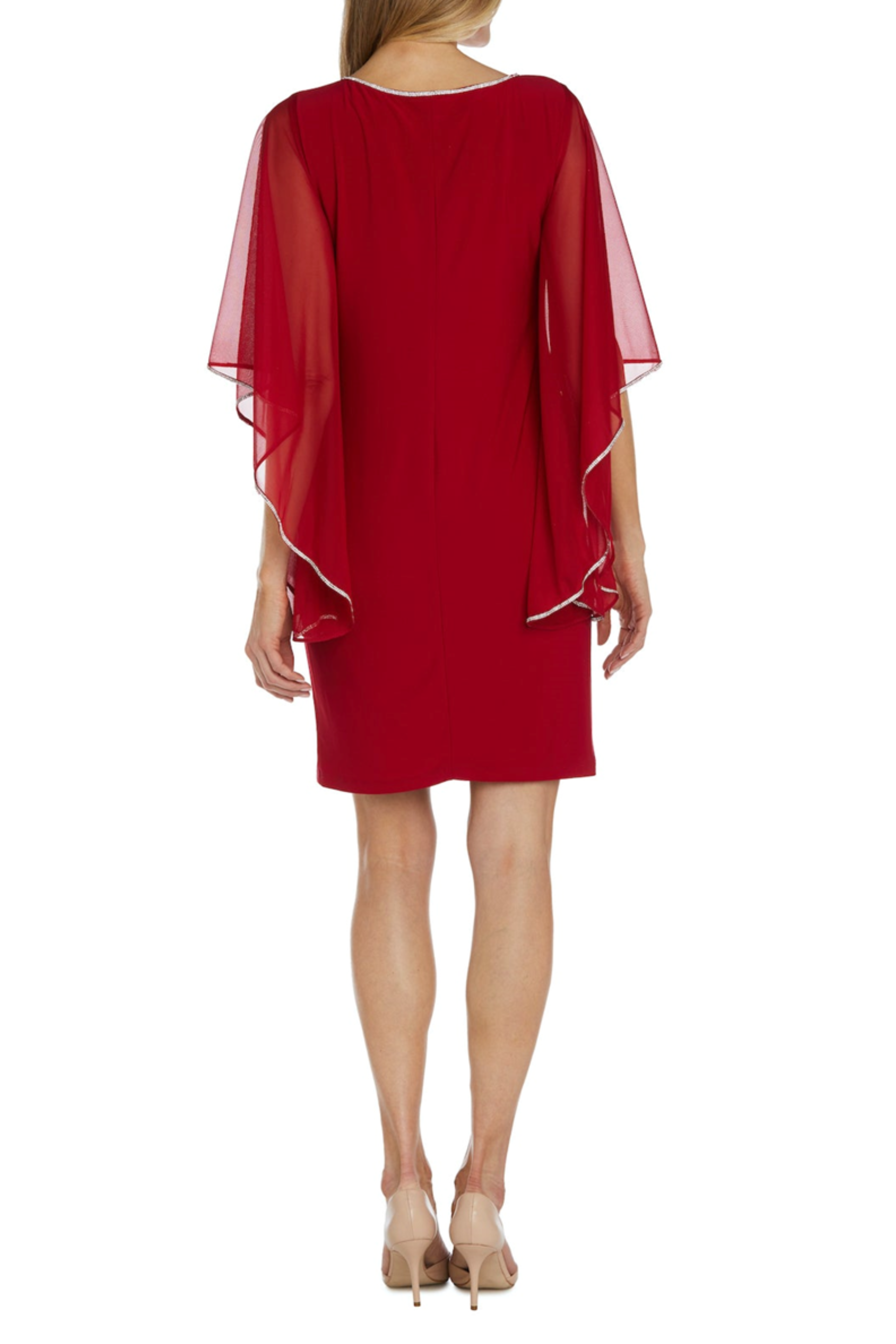 Red Embellished Bat Wing Cocktail Dress with Round Neck, Beaded Detail, and Rhinestone Detail by R&M Richards 2678