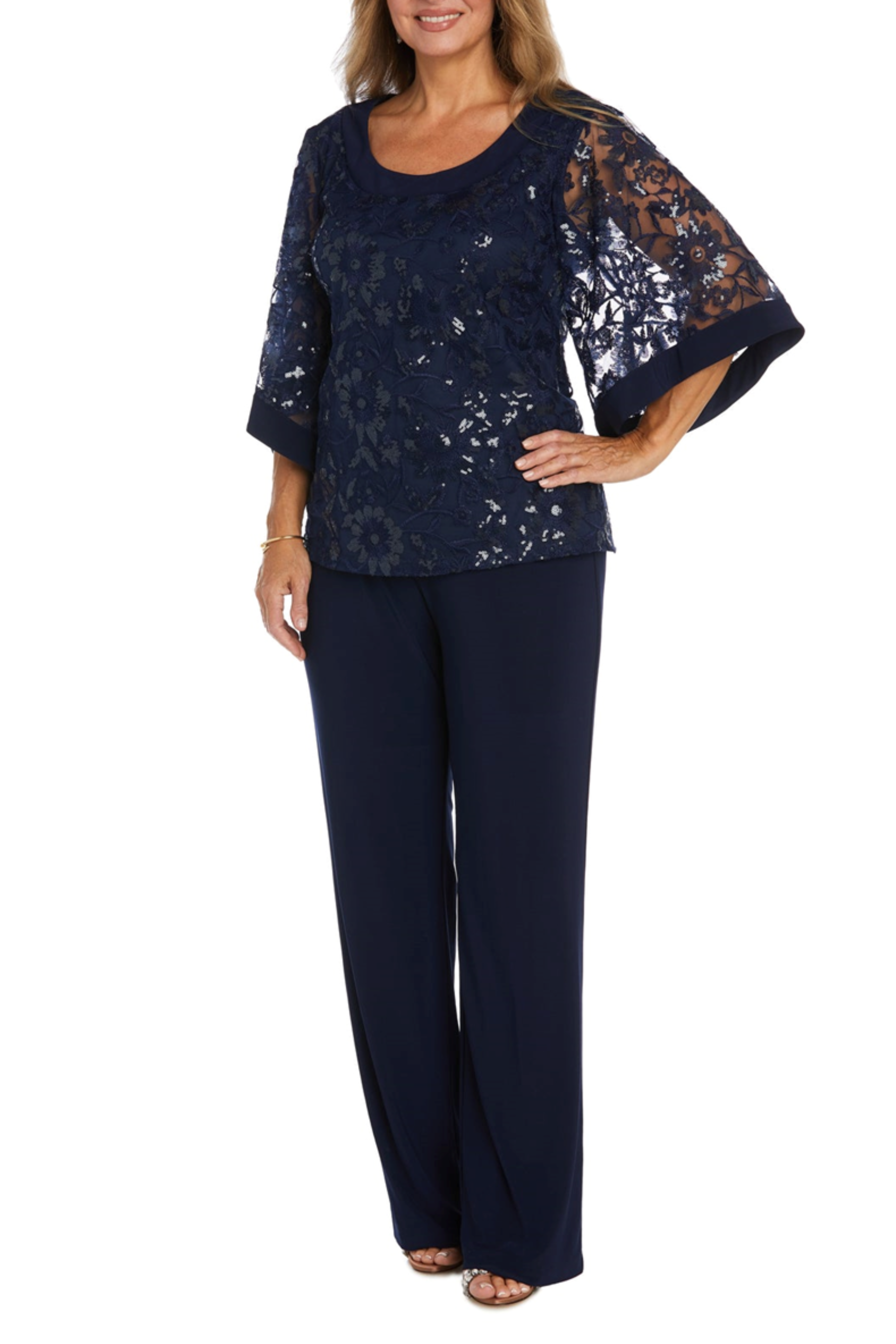 Navy Floral Embroidered Sequined Pants Set with Scoop Neck and Jersey by R&M Richards 2769