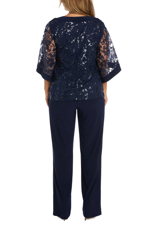 Navy Floral Embroidered Sequined Pants Set with Scoop Neck and Jersey by R&M Richards 2769