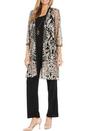 3 Piece Evening Pant Set with Embroidered Detail and Lace Detail by R&M Richards 2779
