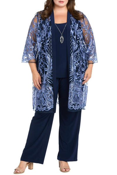 3 Piece Evening Pant Set with Embroidered Detail and Lace Detail by R&M Richards 2779