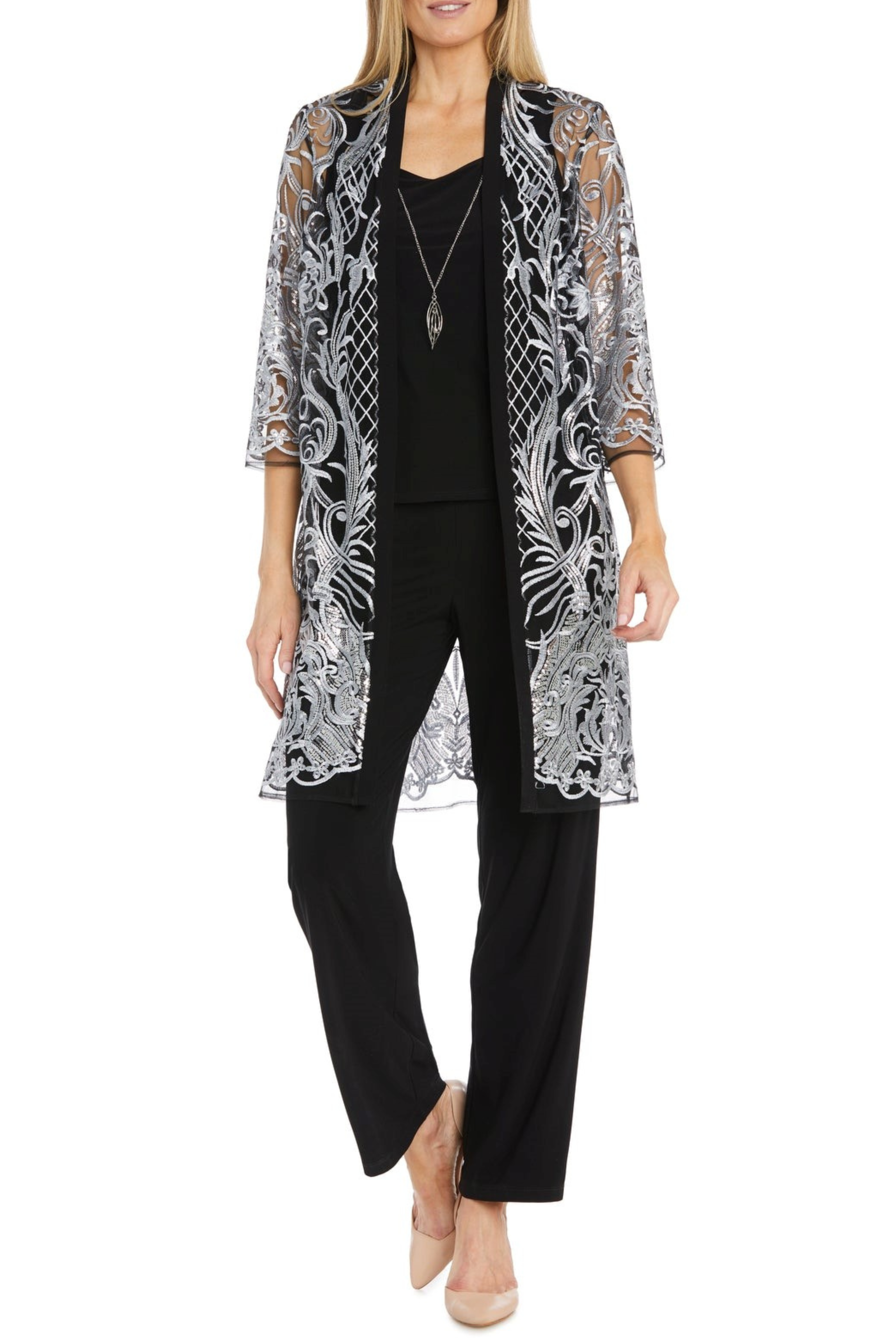3 Piece Evening Pant Set with Embroidered Detail and Lace Detail by R&M Richards 2779
