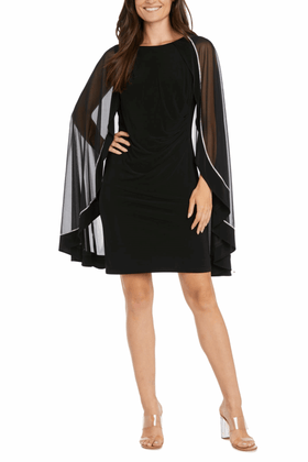 Black Embellished Capelet Sheath Dress with Sleeveless, Beaded Detail, and Rhinestone Detail by R&M Richards 3001
