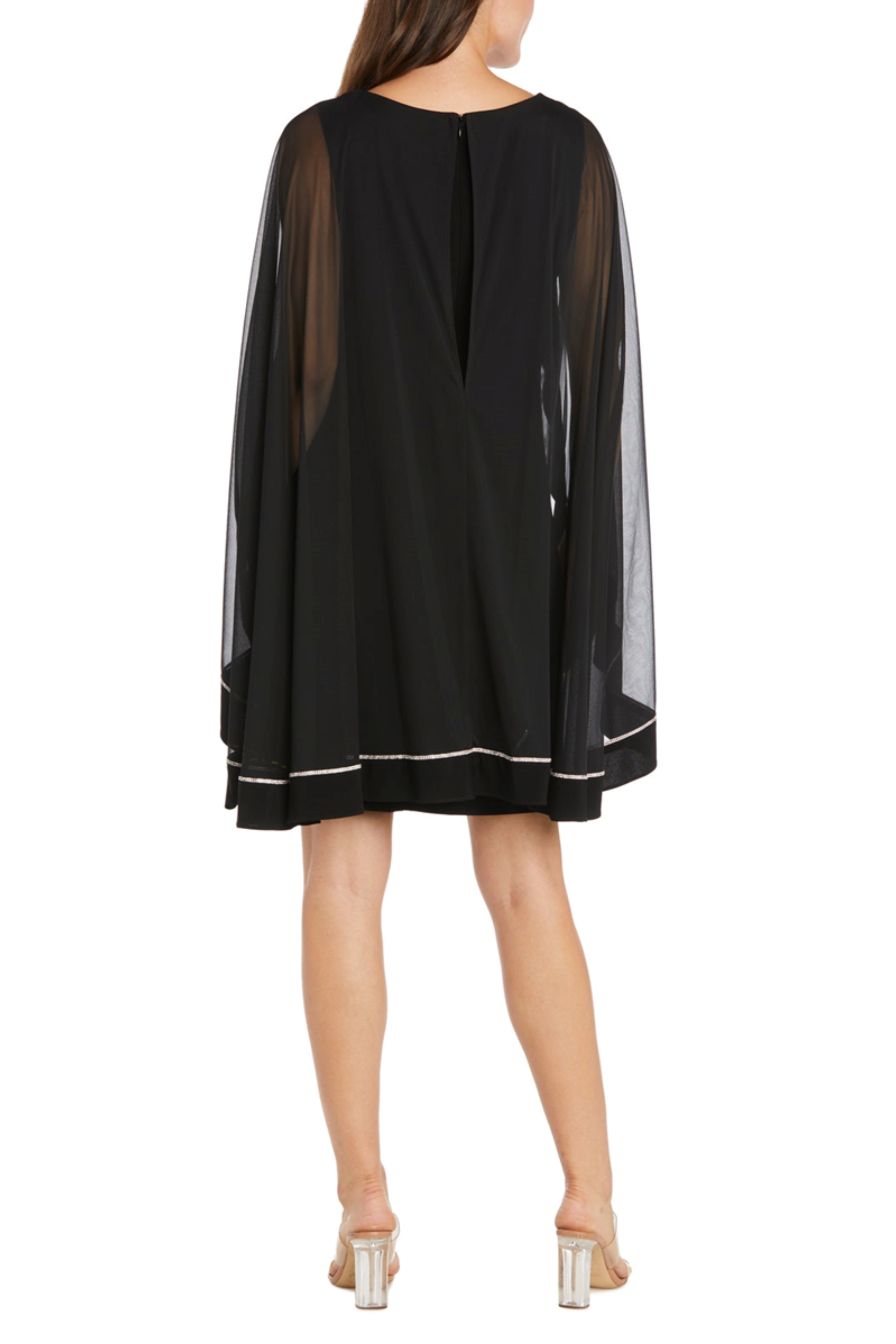 Black Embellished Capelet Sheath Dress with Sleeveless, Beaded Detail, and Rhinestone Detail by R&M Richards 3001