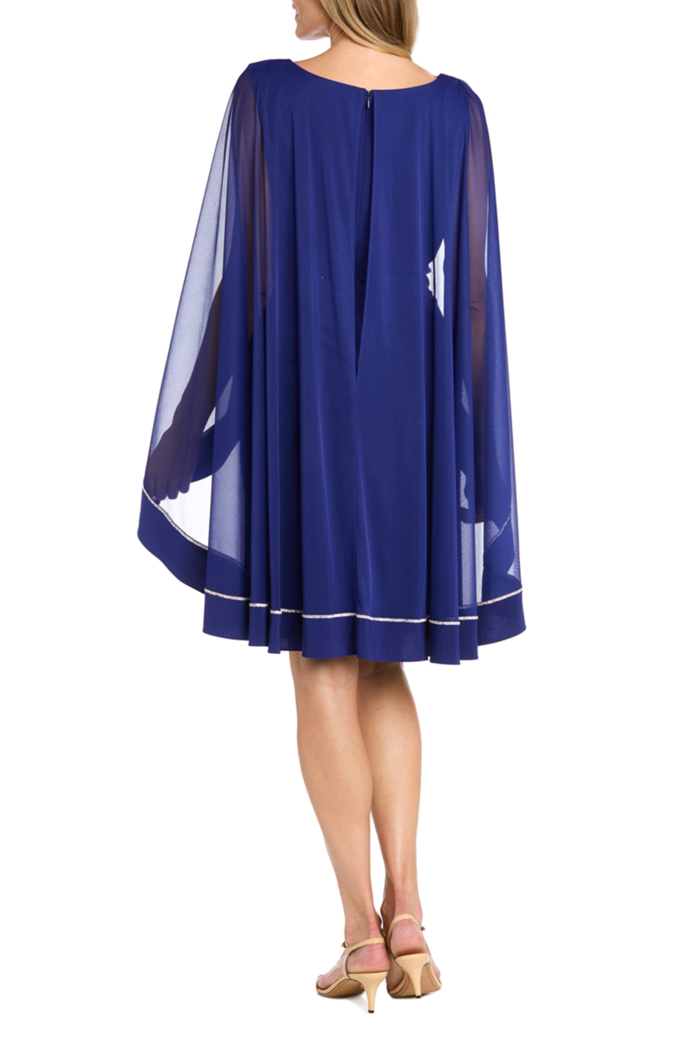Electric Blue Embellished Capelet Sheath Dress with Sleeveless, Beaded Detail, and Rhinestone Detail by R&M Richards 3001