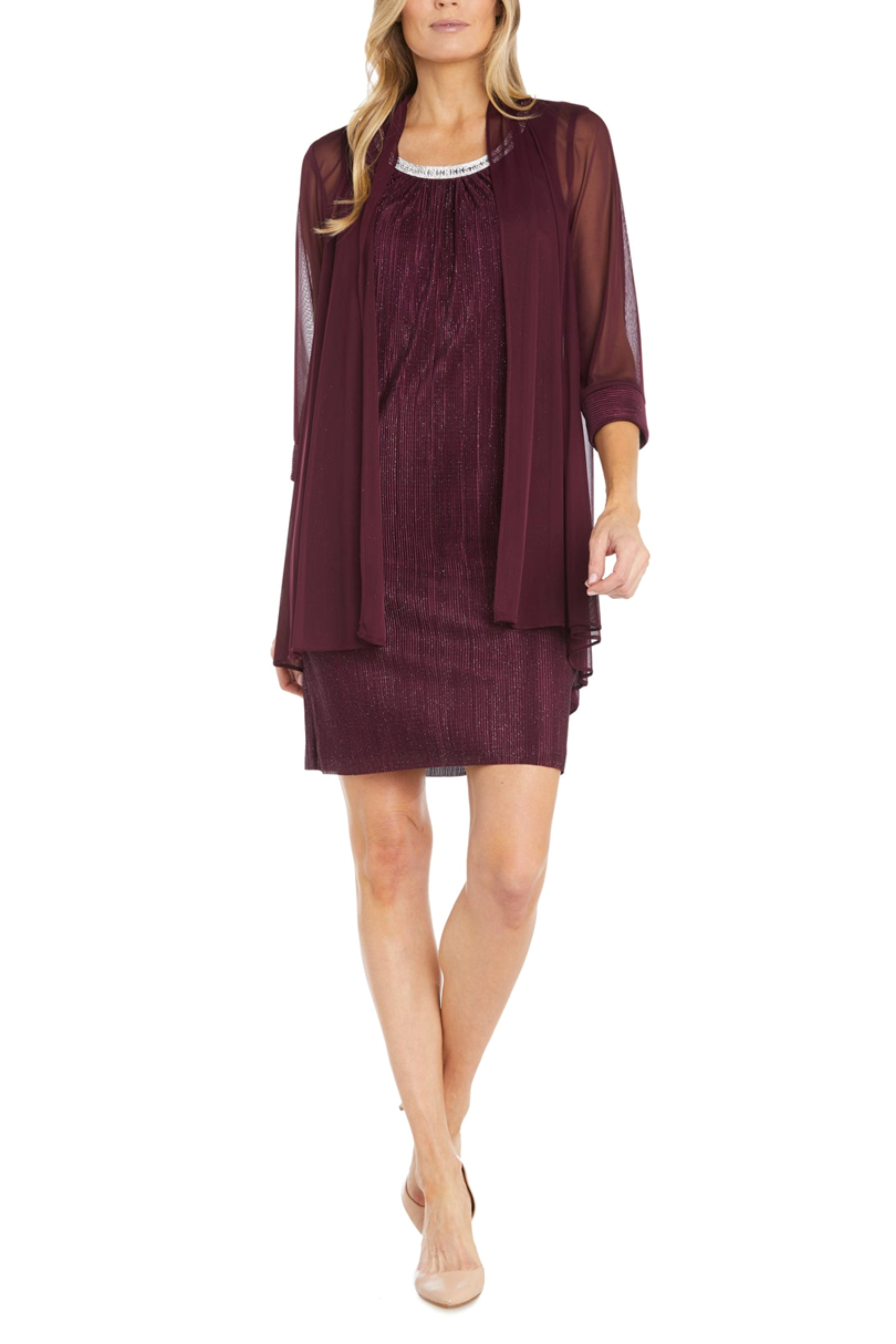 Burgundy Rhinestone Neck Dress with 3/4 Sleeve by R&M Richards 3007