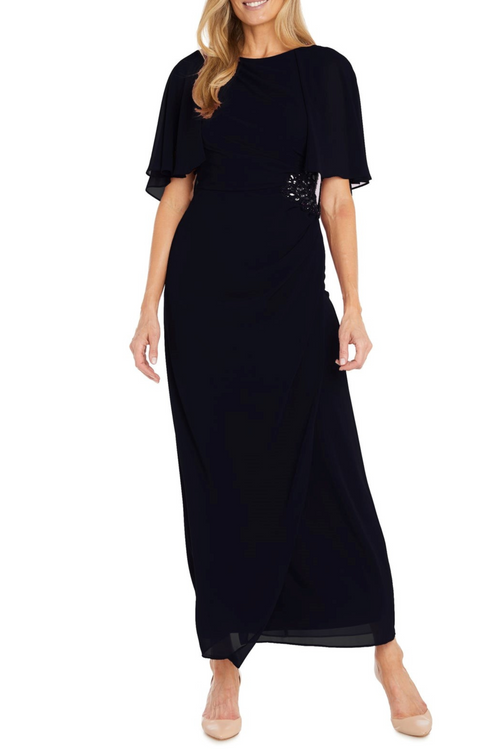 Long Chiffon Capelet Evening Dress with Rhinestone Detail by R&M Richards 3144