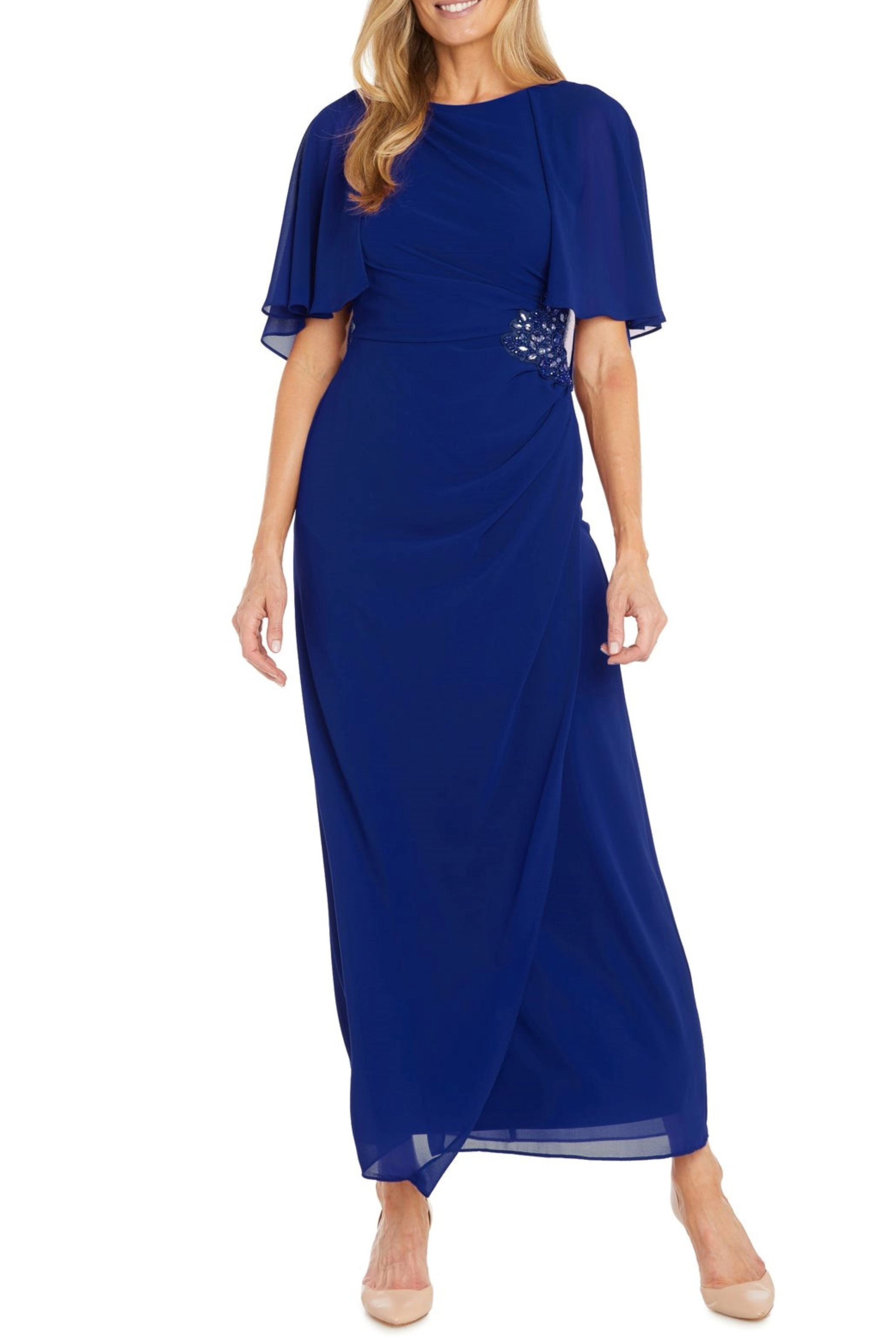 Long Chiffon Capelet Evening Dress with Rhinestone Detail by R&M Richards 3144