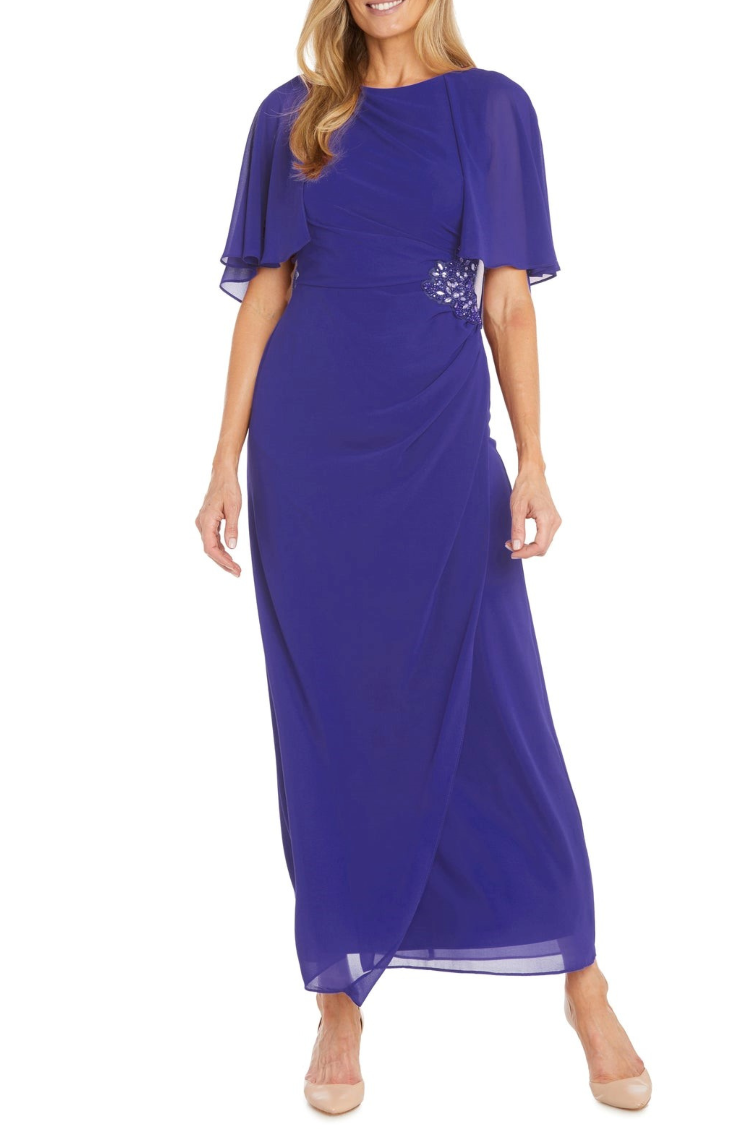 Long Chiffon Capelet Evening Dress with Rhinestone Detail by R&M Richards 3144