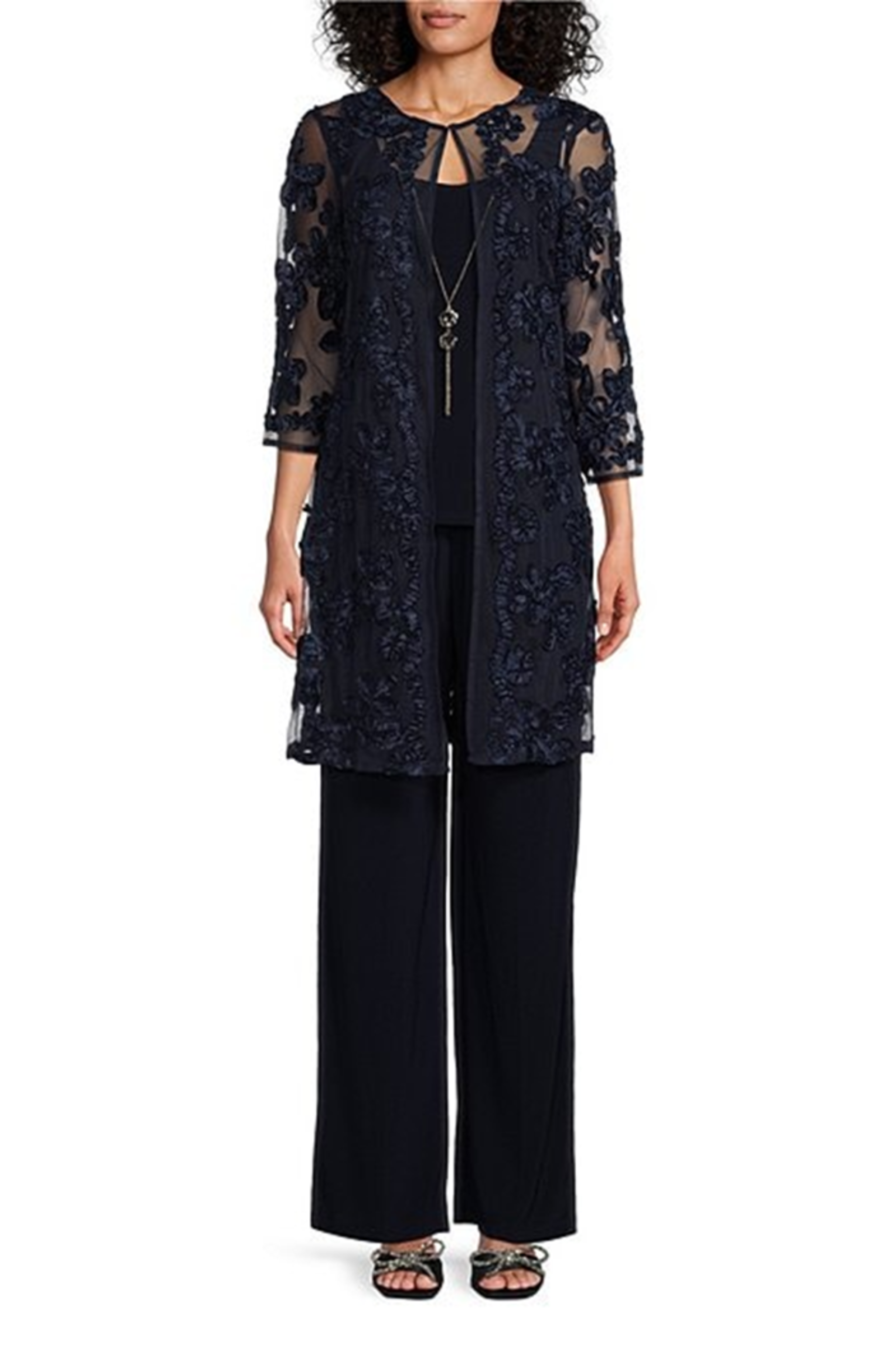 Navy Soutache Embroidered 3-Pc Pants Set with 3/4 Sleeve, Scoop Neck, and Floral Detail by R&M Richards 3146L