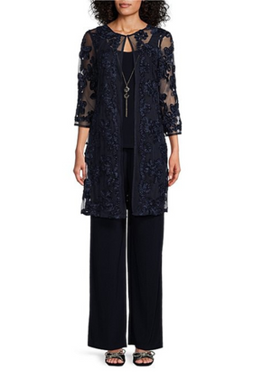 Navy Soutache Embroidered 3-Pc Pants Set with 3/4 Sleeve, Scoop Neck, and Floral Detail by R&M Richards 3146L