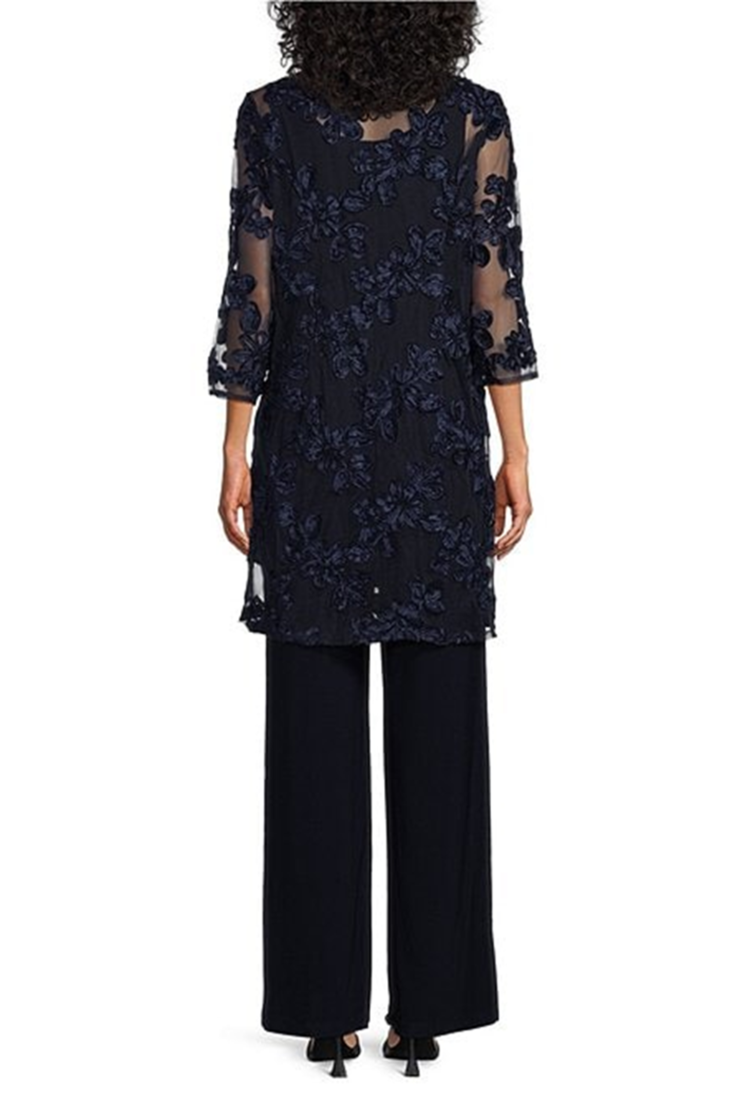Navy Soutache Embroidered 3-Pc Pants Set with 3/4 Sleeve, Scoop Neck, and Floral Detail by R&M Richards 3146L