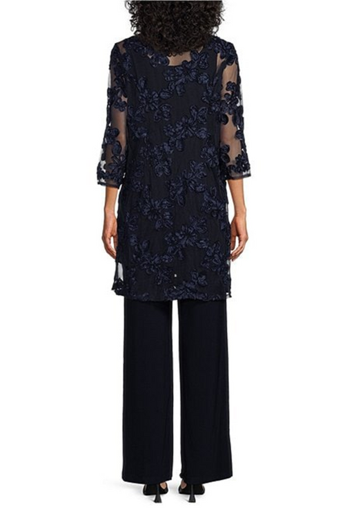 Navy Soutache Embroidered 3-Pc Pants Set with 3/4 Sleeve, Scoop Neck, and Floral Detail by R&M Richards 3146L