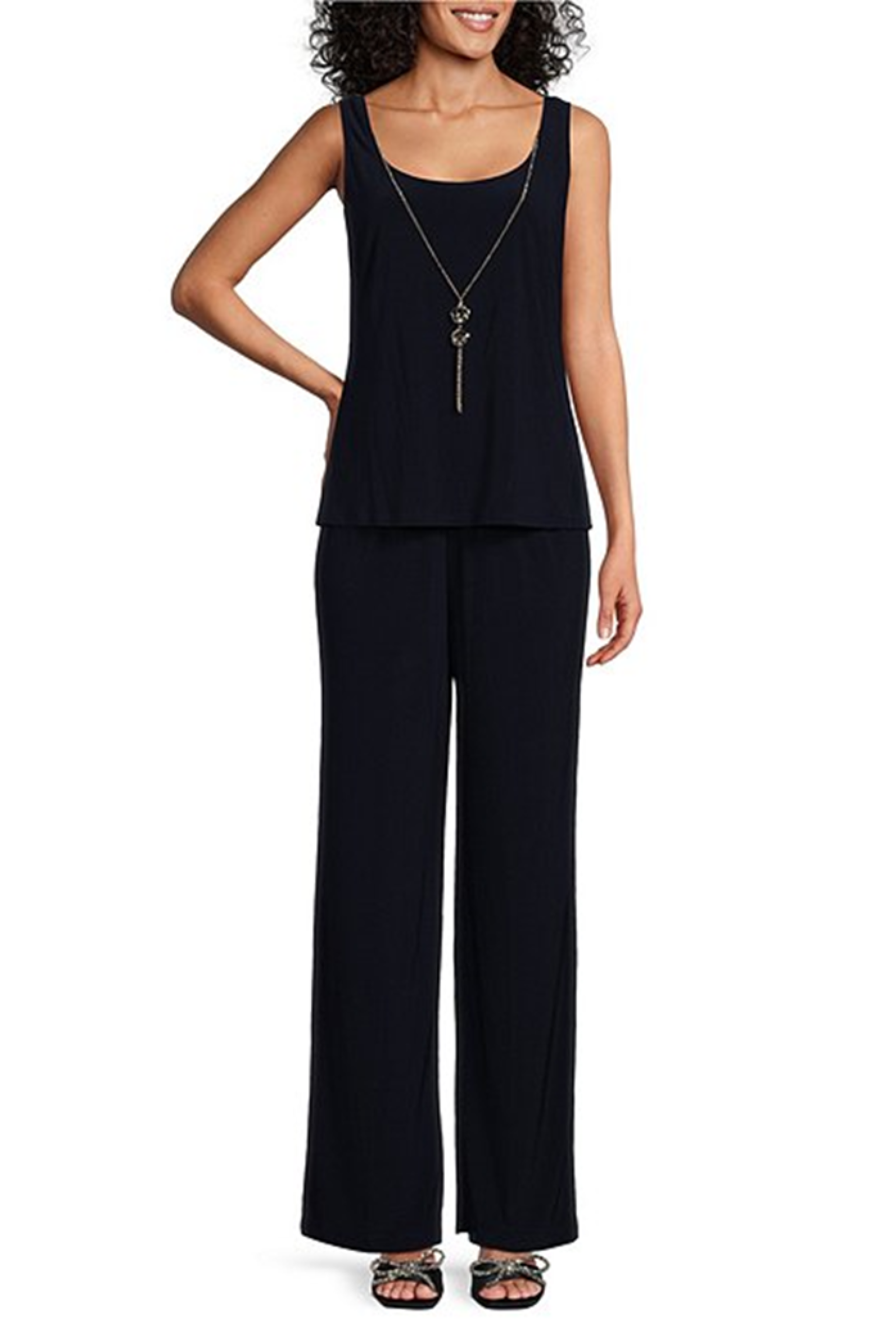 Navy Soutache Embroidered 3-Pc Pants Set with 3/4 Sleeve, Scoop Neck, and Floral Detail by R&M Richards 3146L