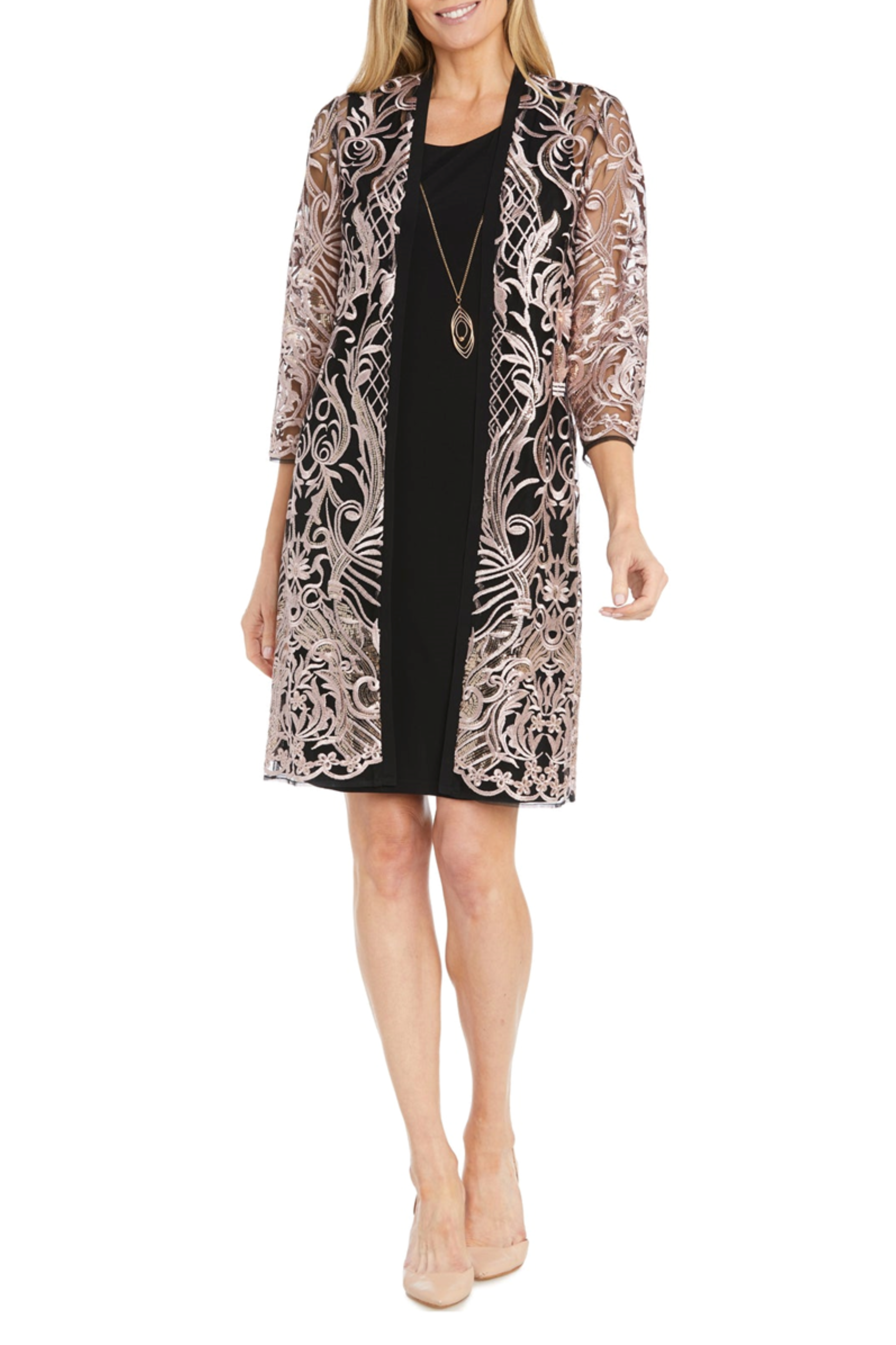 Rose Black Sequin Embroidered 2-Pc Jacket Dress with 3/4 Sleeve, Scoop Neck, and Lace Detail by R&M Richards 3165