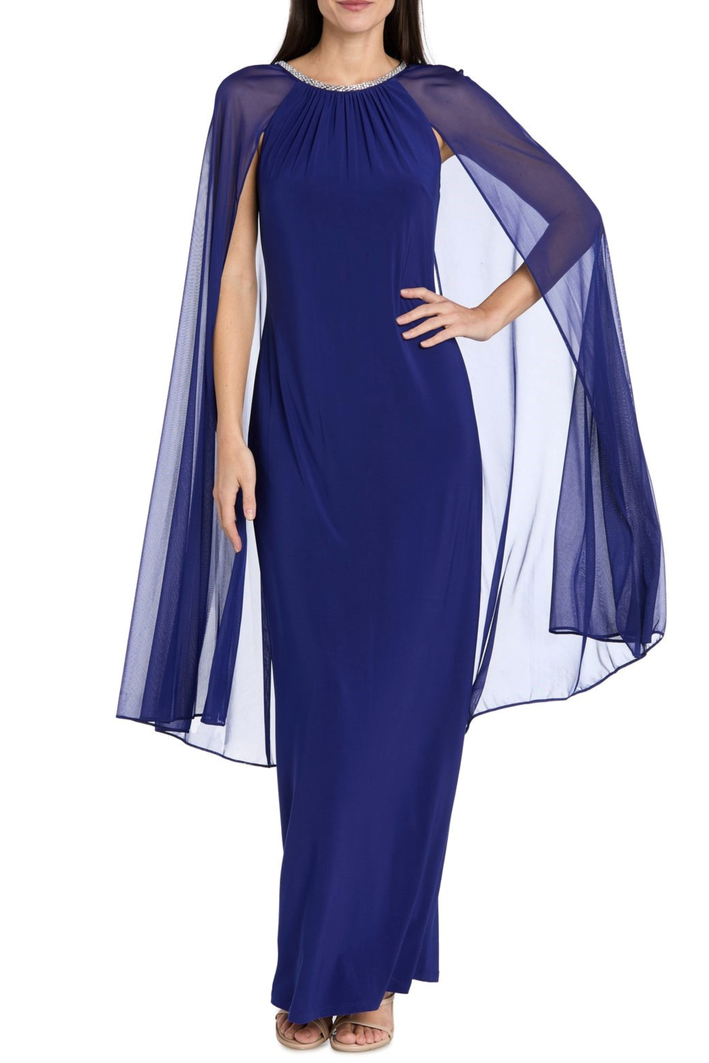 Rhinestone Neck Long Evening Dress with Cape Sleeves and Cape Detail by R&M Richards 3287
