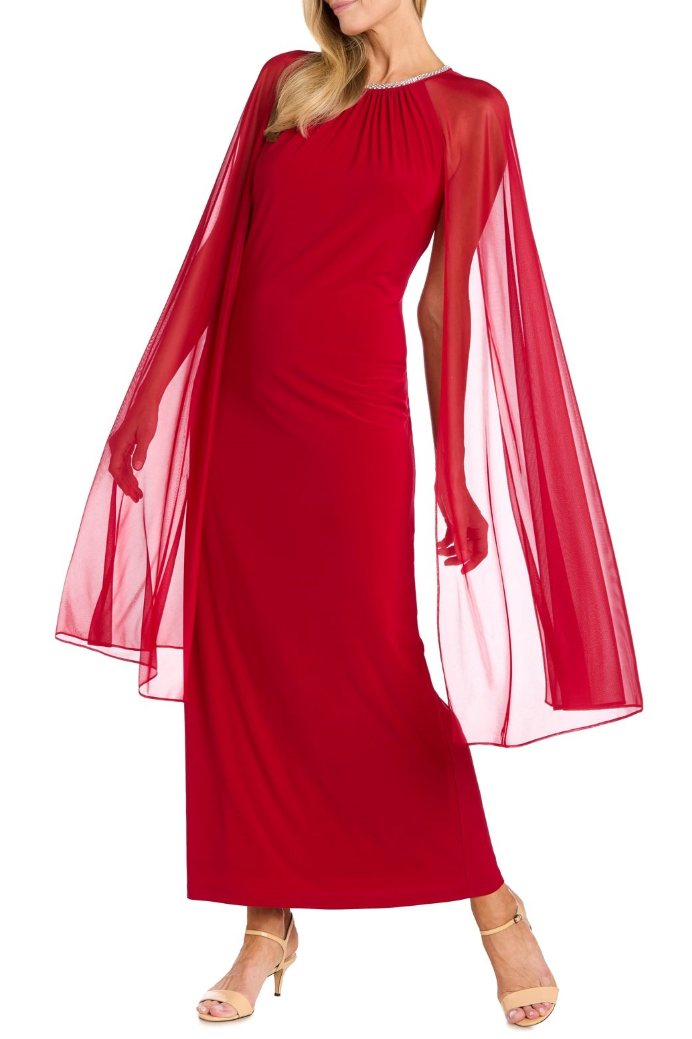 Rhinestone Neck Long Evening Dress with Cape Sleeves and Cape Detail by R&M Richards 3287