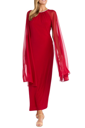 Rhinestone Neck Long Evening Dress with Cape Sleeves and Cape Detail by R&M Richards 3287