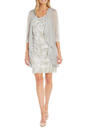 Champagne Silver Two Piece Short Evening Jacket Dress with 3/4 Sleeve and Floral Detail by R&M Richards 3397