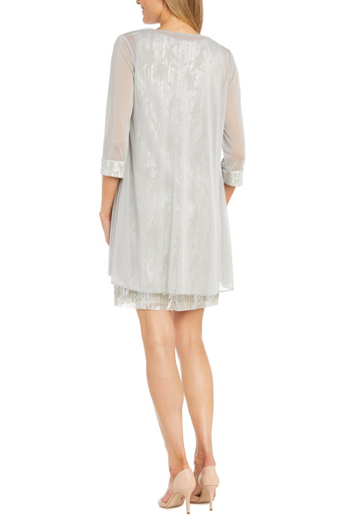 Champagne Silver Two Piece Short Evening Jacket Dress with 3/4 Sleeve and Floral Detail by R&M Richards 3397