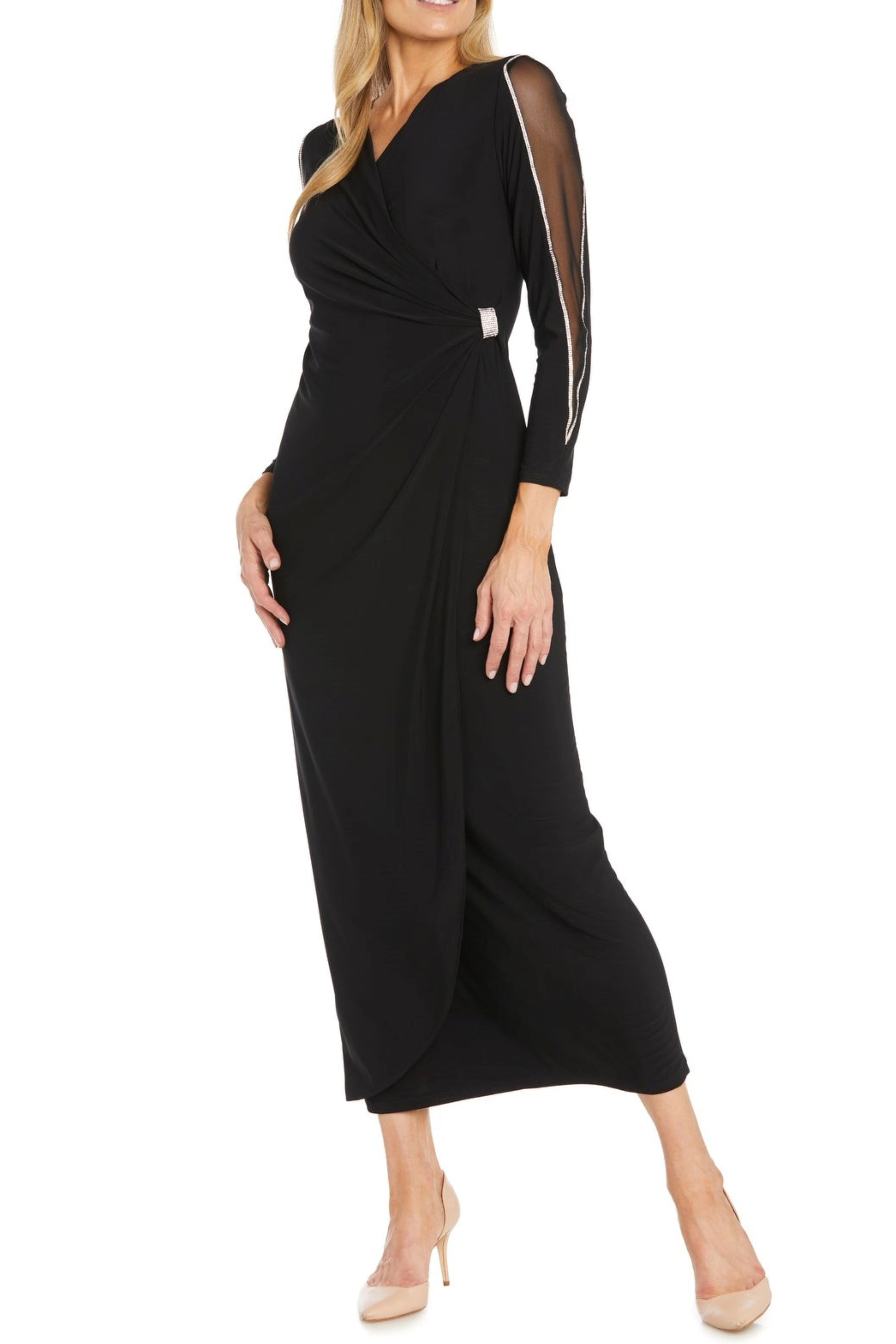 r m richards evening dresses Long Faux Wrap Style Dress by R&M 3411 one size dress a delicate caplet adds Your Sparkly Wedding Dress Color:WHITE/HOT PINK